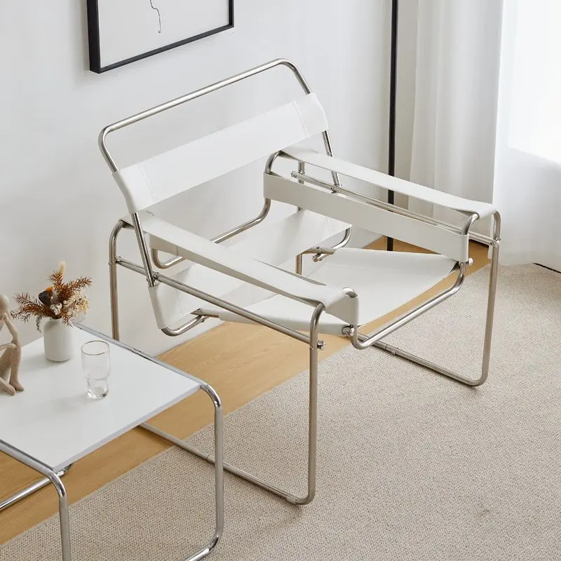Designers chaise longue, mid-century modern, enkele loungestoel, stoel met roestvrijstalen frame, eetkamerstoelen, Bauhaus-stijl accentstoel
