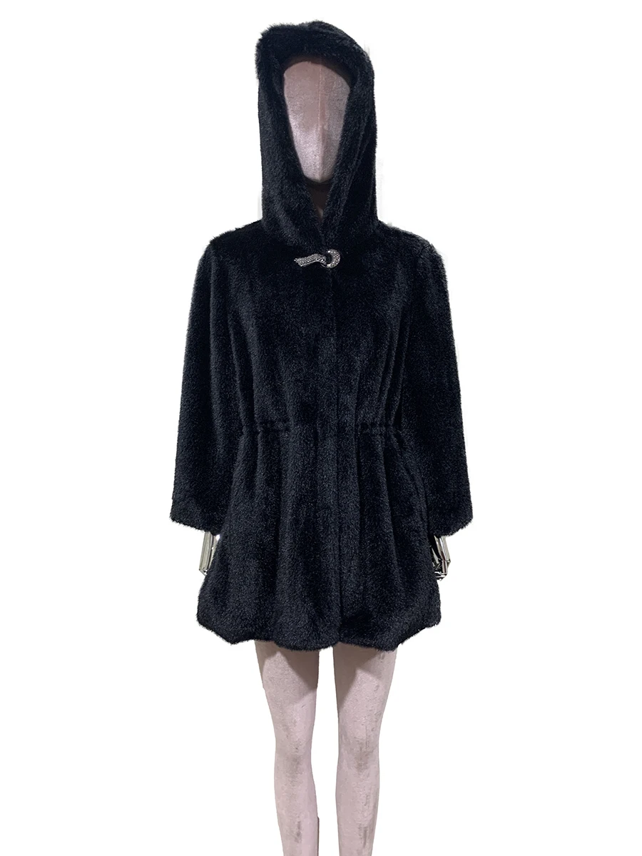 Nerazzurri Autumn Winter Black Warm Thick Faux Mink Fur Coat Women with Hood 3/4 Sleeve Drawstring Waist Fluffy Jacket Clothes
