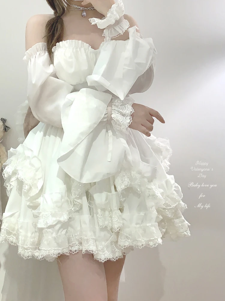 Mini vestido branco lolita para mulheres, mangas de renda com babados em camadas, top de cintura alta, vestido curto sem alças para meninas, japonês