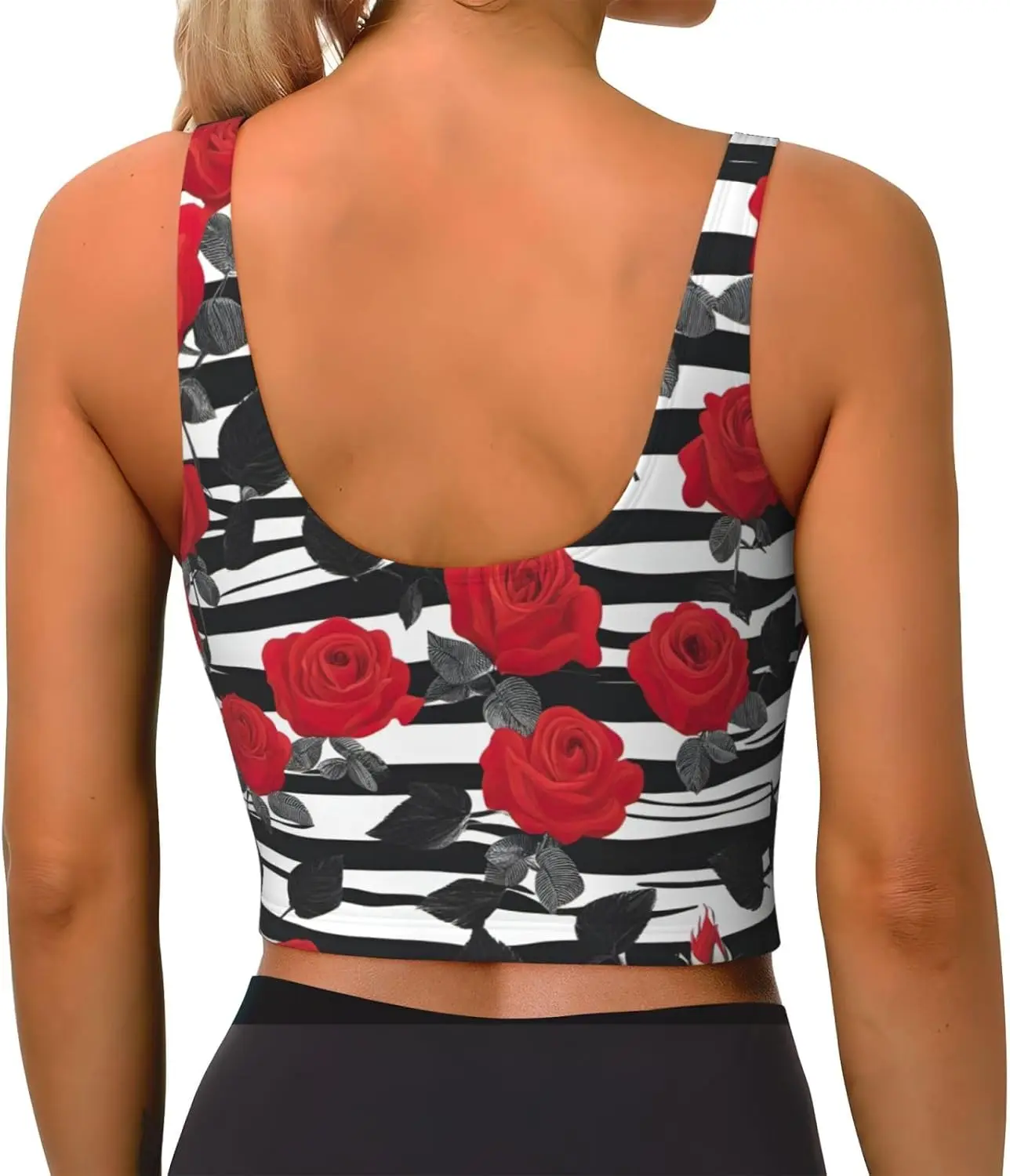 أسود أبيض المشارب الأحمر روز الزهور طباعة المرأة تجريب تانك القمم Racerback أكمام سترة رياضية لصالة الألعاب الرياضية اليوغا