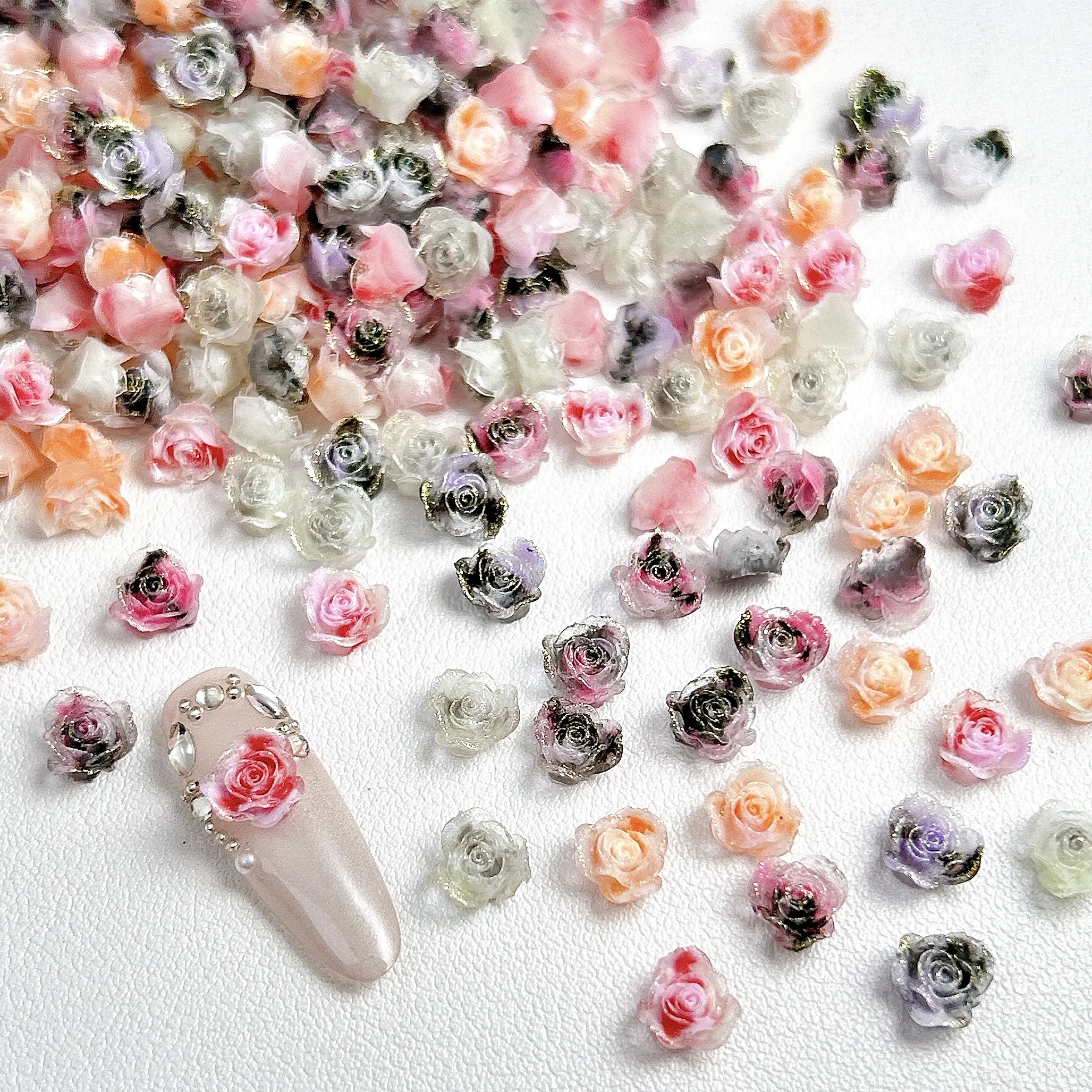 Adornos artísticos de resina para uñas, rosas de colores de ensueño, brillantes y finos, flores dulces simuladas en 3D, dijes para uñas, suministros para uñas de hadas DIY