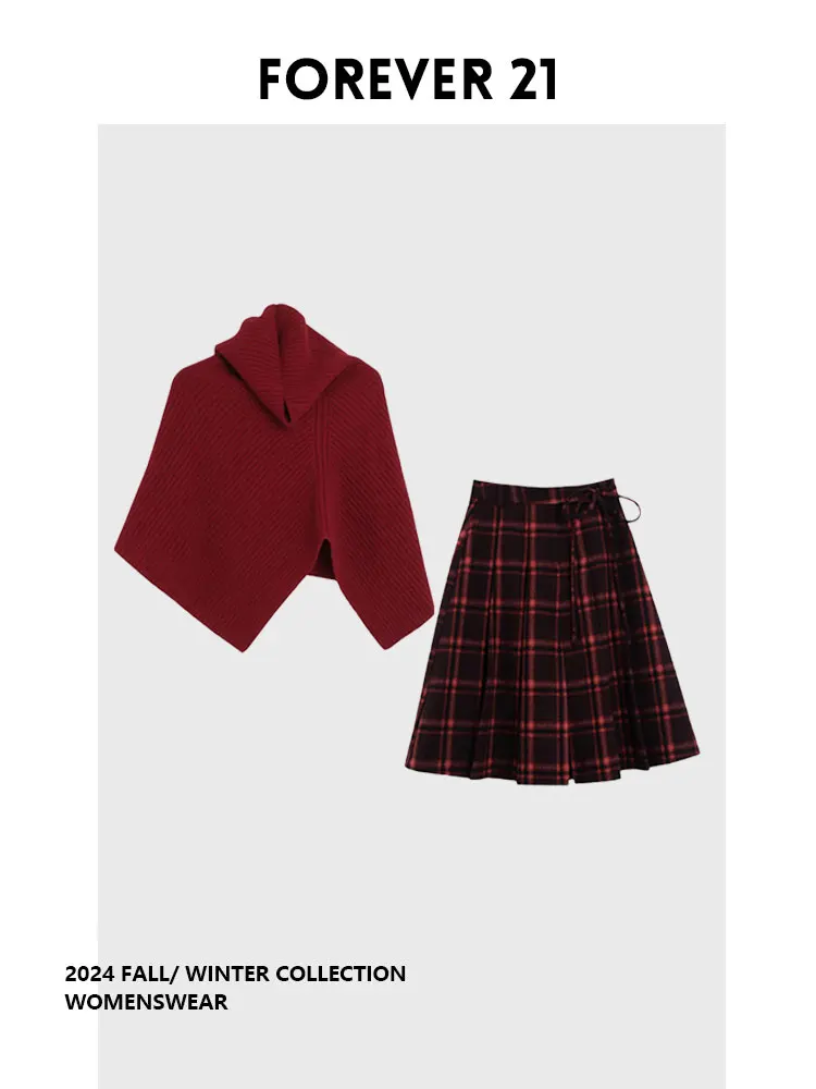 

Red Knitted awl High Waist Pleated Plaid f Skirt New Year's War Costume Full Set Forever 2 plus Size Faion Ensemble