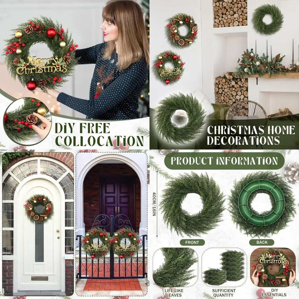 

Artificial Green Christmas Wreaths, 14 Inch, DIY for Farmhouse Style Indoor & Outdoor Xmas Decor, Elegant Plain Wreath for Door