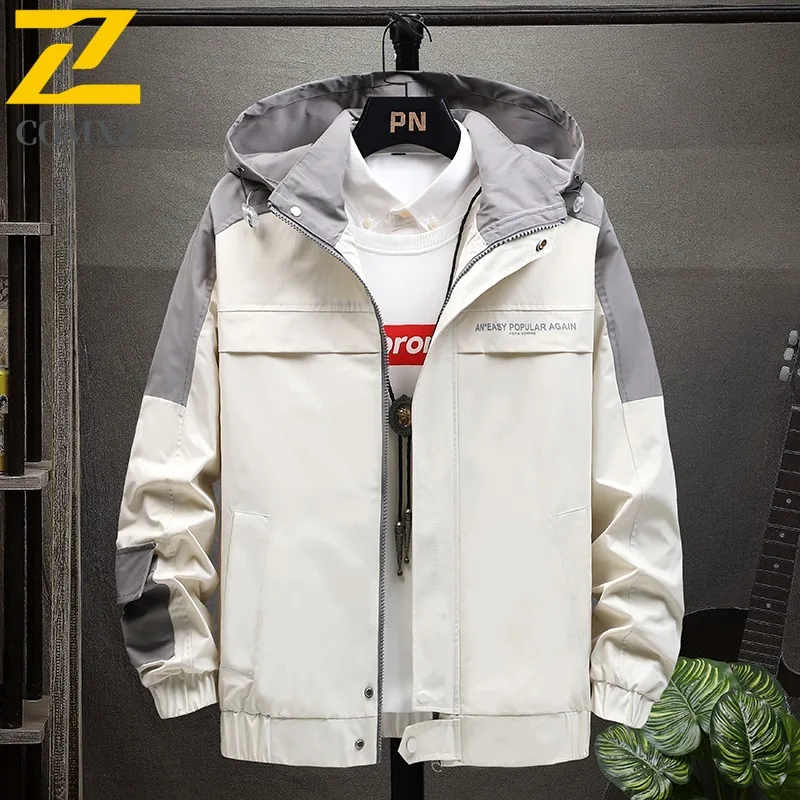 

Men Hooded Casual Baseball Jacket Spring Korean Style Lightweight Windproof Coat Trendy Zipper Fit Camping Fishing Sportswear