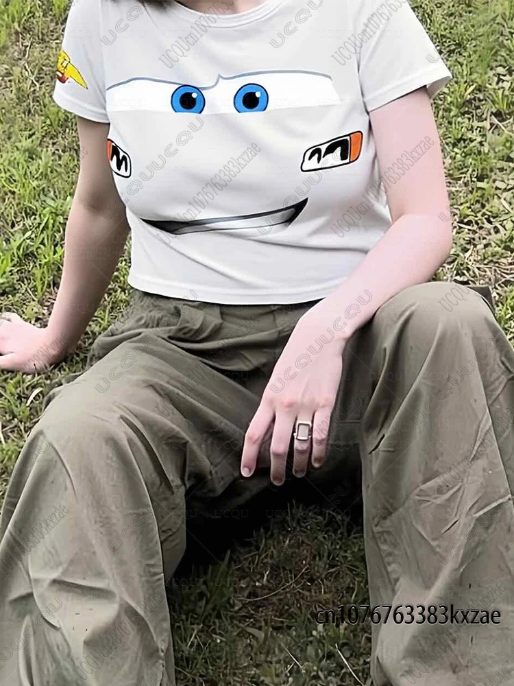 2026 Lightning Mcqueen Print Crop Top For Women Fashion Round Collar Short Tshirt Sexy Street Trendy Tees Casual Y2k Vintage Top