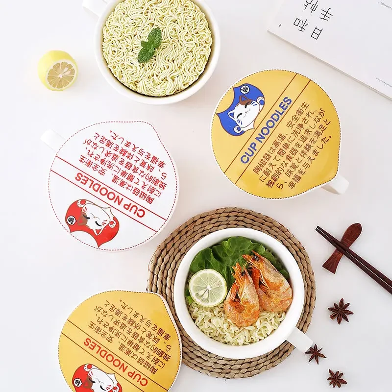 cat noodle Cup bowl ins style creative with cover box Student lunch box instant noodle soup bowl set dinner lunch Ceramic bowl