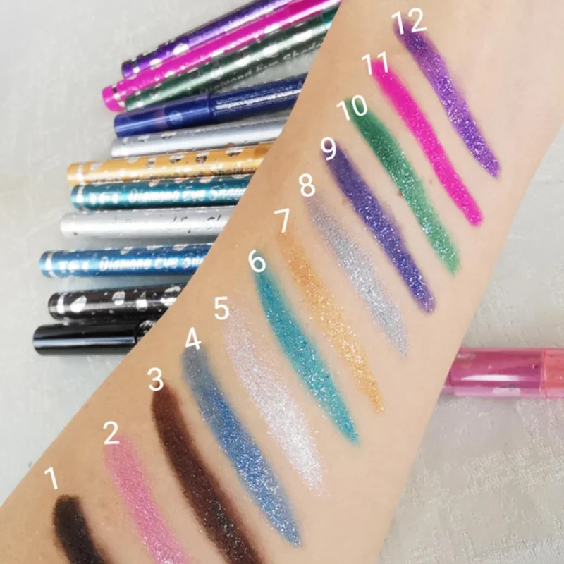 12 Color Glitter Eye Shadow Pencil Silkworm Pen Pearlescent Eyeshadow Pen Stick Sequin Long Lasting Waterproof Lipstick Pencil