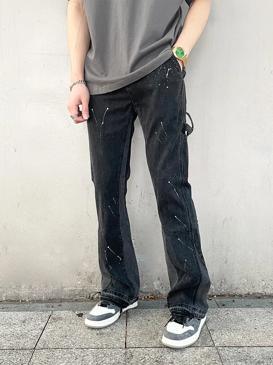 

Retro Splatter Painted Bell Bot Denim Jeans Men's Trendy Hip Hop Waed Loose Straight Leg Long Pants Autumn Winter