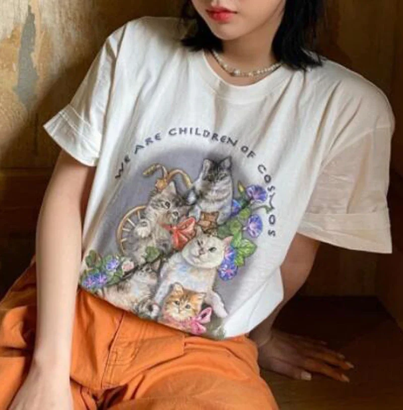 Kawaii The Kitten Club Women T Shirt Streetwear White Short Sleeve Femme Oversized Graphic Tee Cute Grunge Tops Y2k