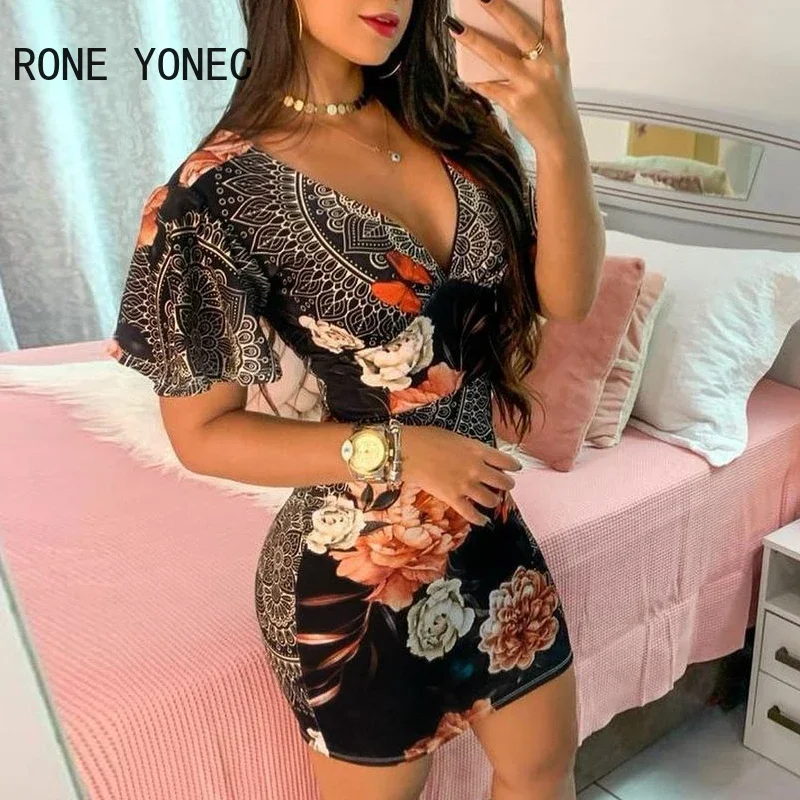 Women Elegant Dress Floral Butterfly Print Ruffles Bodycon Casual Mini Vacation Dress 2021