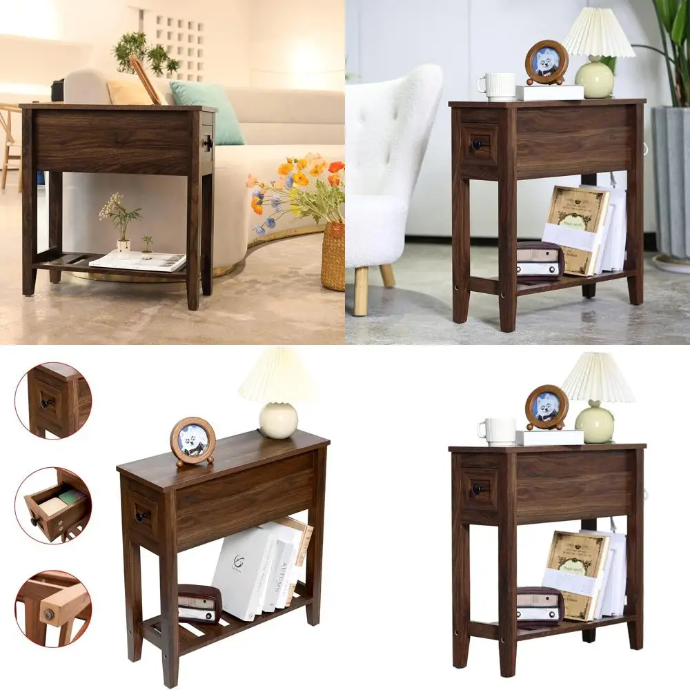 

Компактный приставной столик для гостиной, столик с откидной спинкой из массива дерева и ящиком, компактная тумбочка для спален