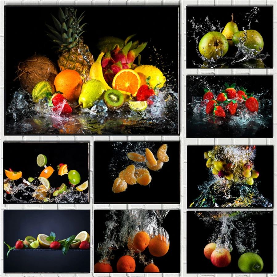 Water Splash Fruit Kitchen Posters Prints Canvas rint Apple Bananas Oranges Kiwi Wall Art Decorative Picture Canvas Painting