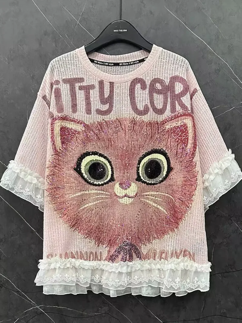 

Summer New Cartoon Lucky Cat Lace Splicing Knitted Short Sleeve T Shirt Women Loose and Casual Cute and Sweet Top Kawaii Clothes