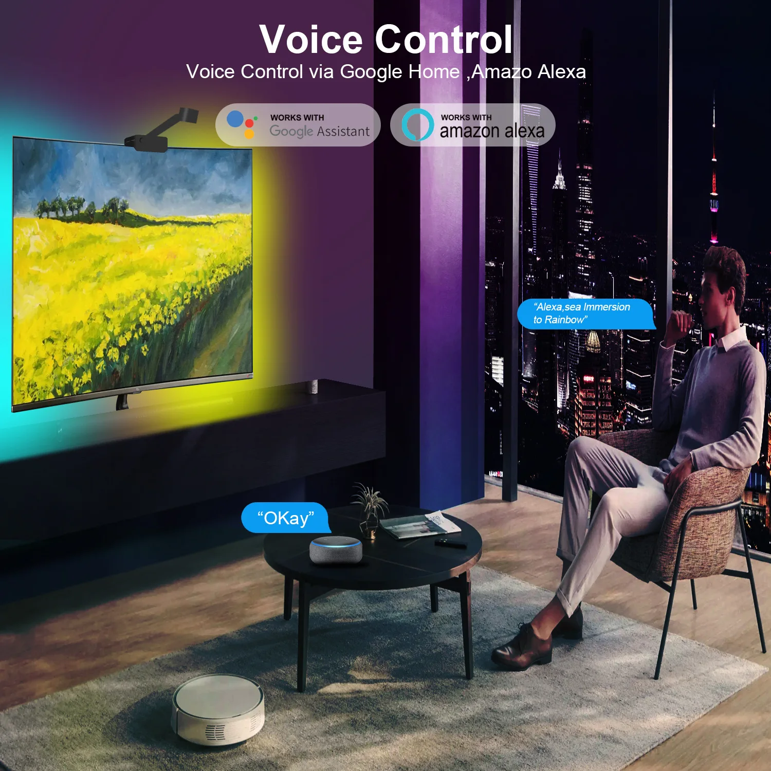 Podświetlenie telewizora zanurzeniowego z kamerą, inteligentna listwa telewizyjna otoczenia Sterowanie aplikacją kompatybilne z Alexa/Google