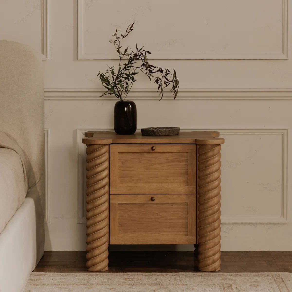 Vintage solid wood bedside table with twisted carved legs, 2 drawers, bedside table