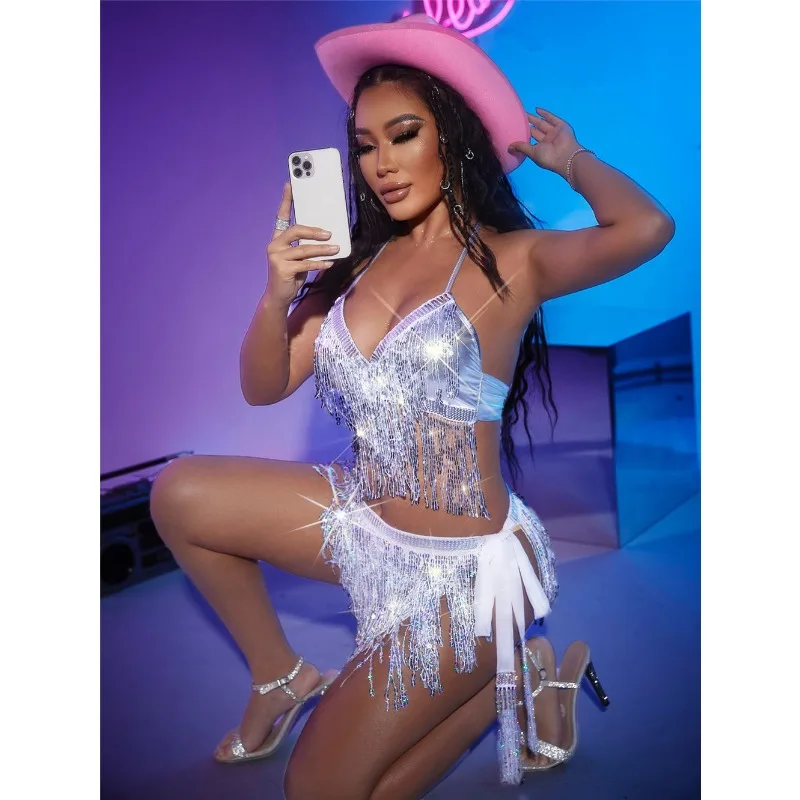 Sexy Rhinestone Strap Patchwork Women's Half Skirt Set Indian Dance Waist Scarves  Halloween Party Performance Sequin Costume