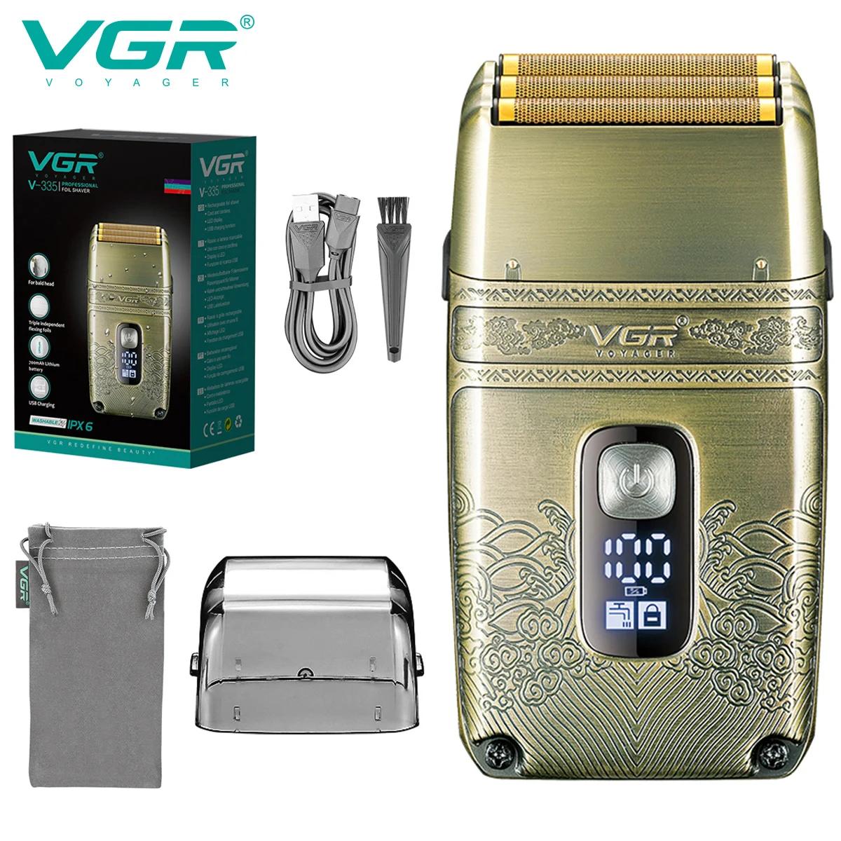 

VGR Electric Shaver Professional Shaver Metal Beard Trimmer Titanium Blade Triple Foil Shaver for Bald Head LED Display V-335