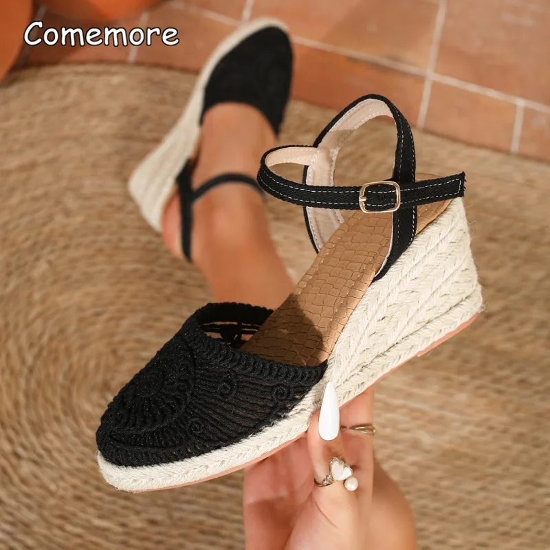 2026 Summer New Cover Toe Women's Mesh Platform Sandals Buckle Strap Espadrille Wedge Shoes Fashion Sandalias De Mujer Size 43
