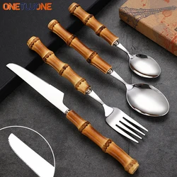 Natural Bamboo Handle Cutlery Set,Stainless Steel Dinnerware,Kitchen Silverware Flatware,Includes Forks Spoons Knives Tableware