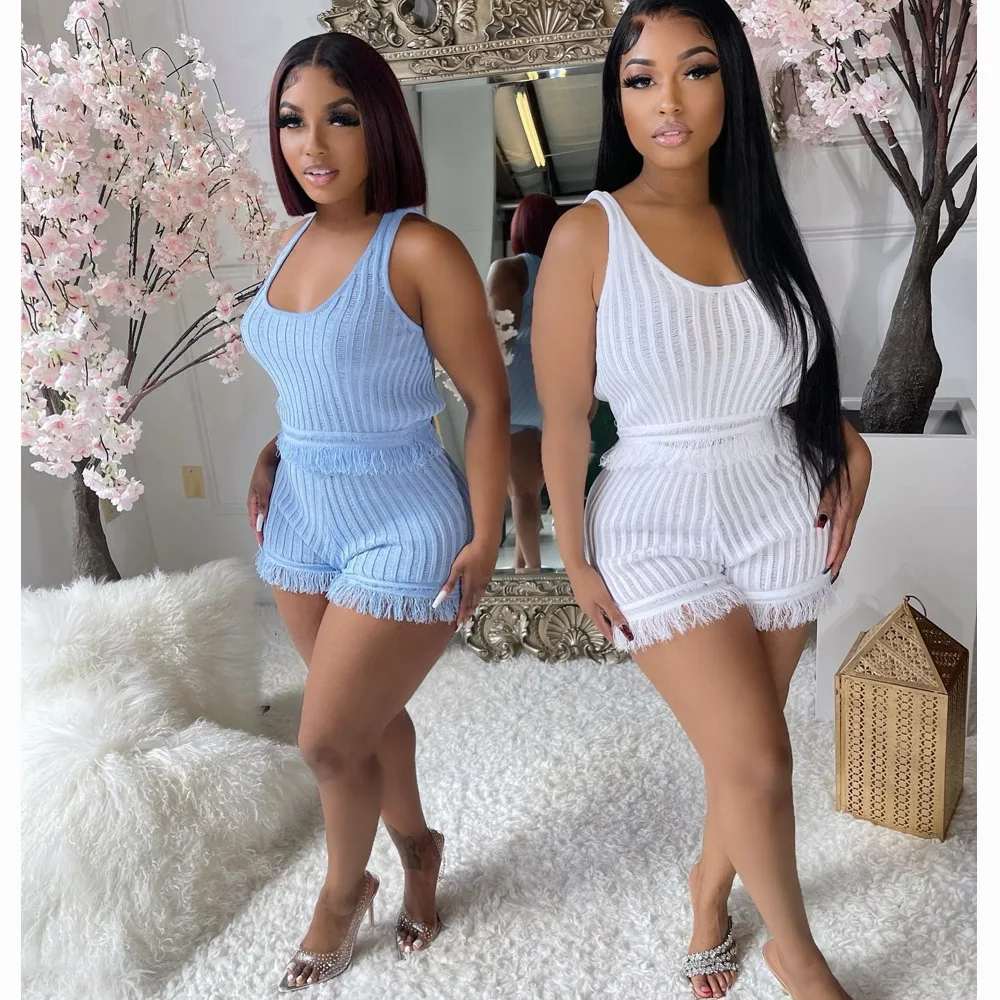 

New Fashion 2025 Summer Casual Female Suit Womens Two Peice Sets Sexy Sleeveless Tassel Trim U-Neck Tank Top Shorts Set Vacation