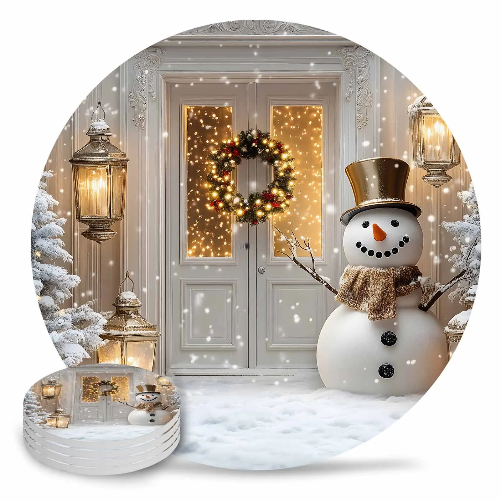 Winter Snowman Wreath Snow Ceramic Coaster Set Kitchen Table Round Placemat Luxury Decor Coffee Tea Cup Coasters