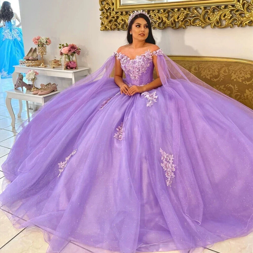 ANGELSBRIDEP vestido De quinceañera Lila brillante con capa, vestido Formal De fiesta De cumpleaños, vestido De baile De 15 años con envoltura