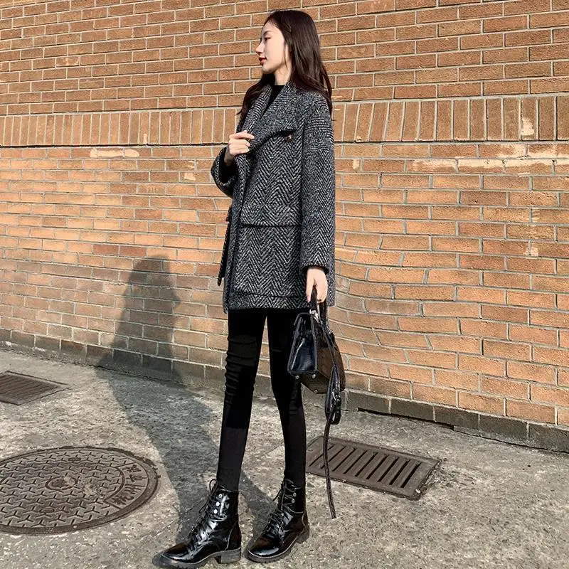 Warm Loose Women's Tweed Blazers Winter Black Plaid Check Female Wool & Blend Coats and Jackets Velvet Outerwear Modern Bags