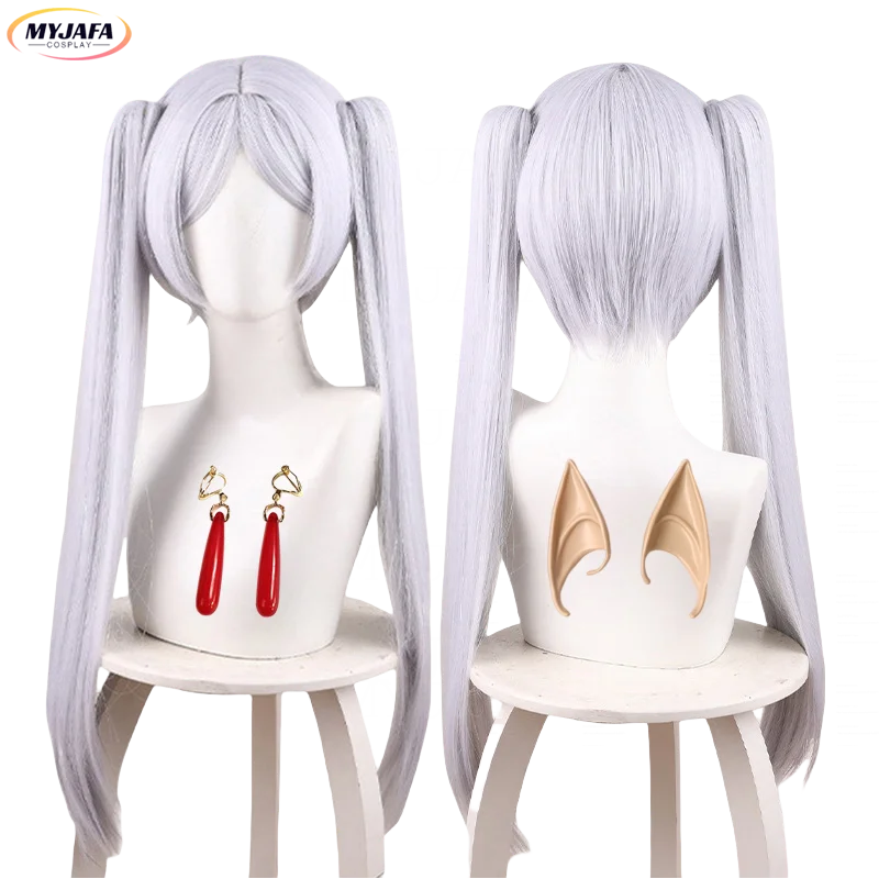 Frieren Cosplay Perücke Anime Lange Silber Weiß Doppel Clip Pferdeschwanz Perücke Hitzebeständige Haar Halloween Party Rolle Spielen Perücken + wigCap