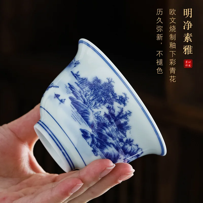 Chinese Retro Sancai Gaiwan Blue and White Tea Tureen Ceramic Teaware Tea Cup Set Handmade Porcelain Gongfu Tea Bowl Cups