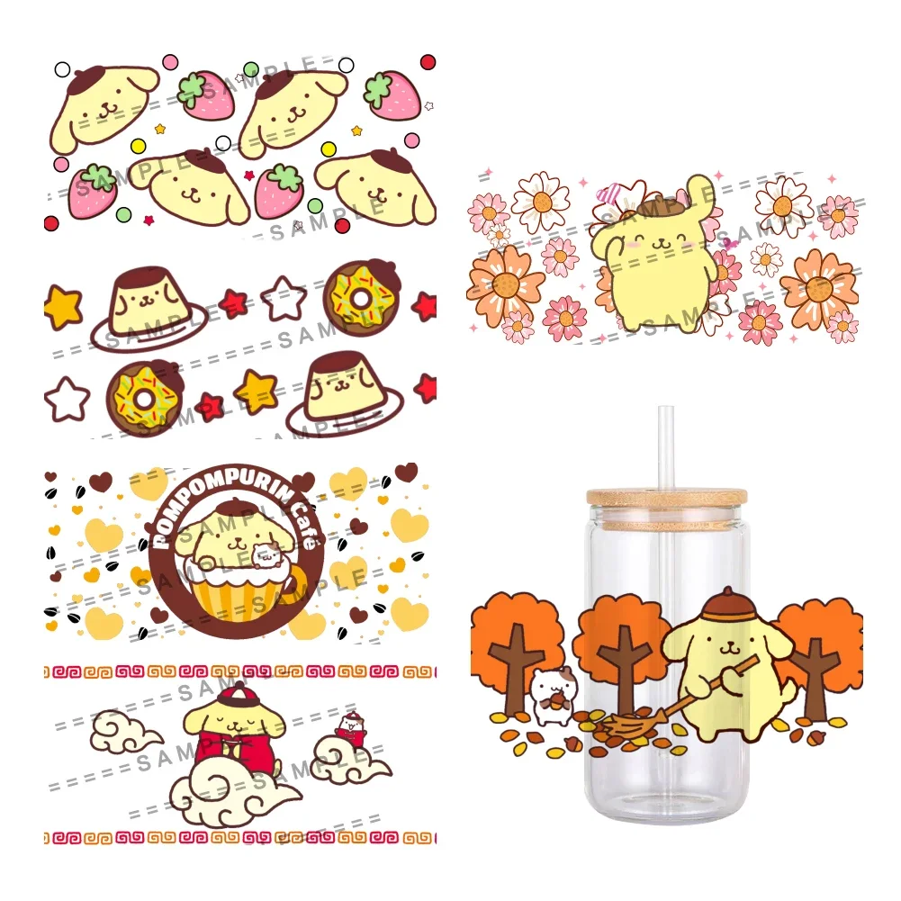 Cartoon Pom Pom Purin Sanrio Pattern UV DTF Sticker Waterproof For 16oz Glass Cup Wrap Stickers