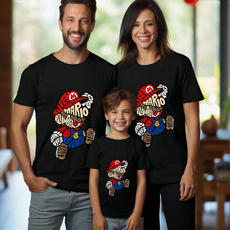 Mario print T-shirt Dad and mom kids cotton short sleeve Family Matching Outfits black top parent-child outfit