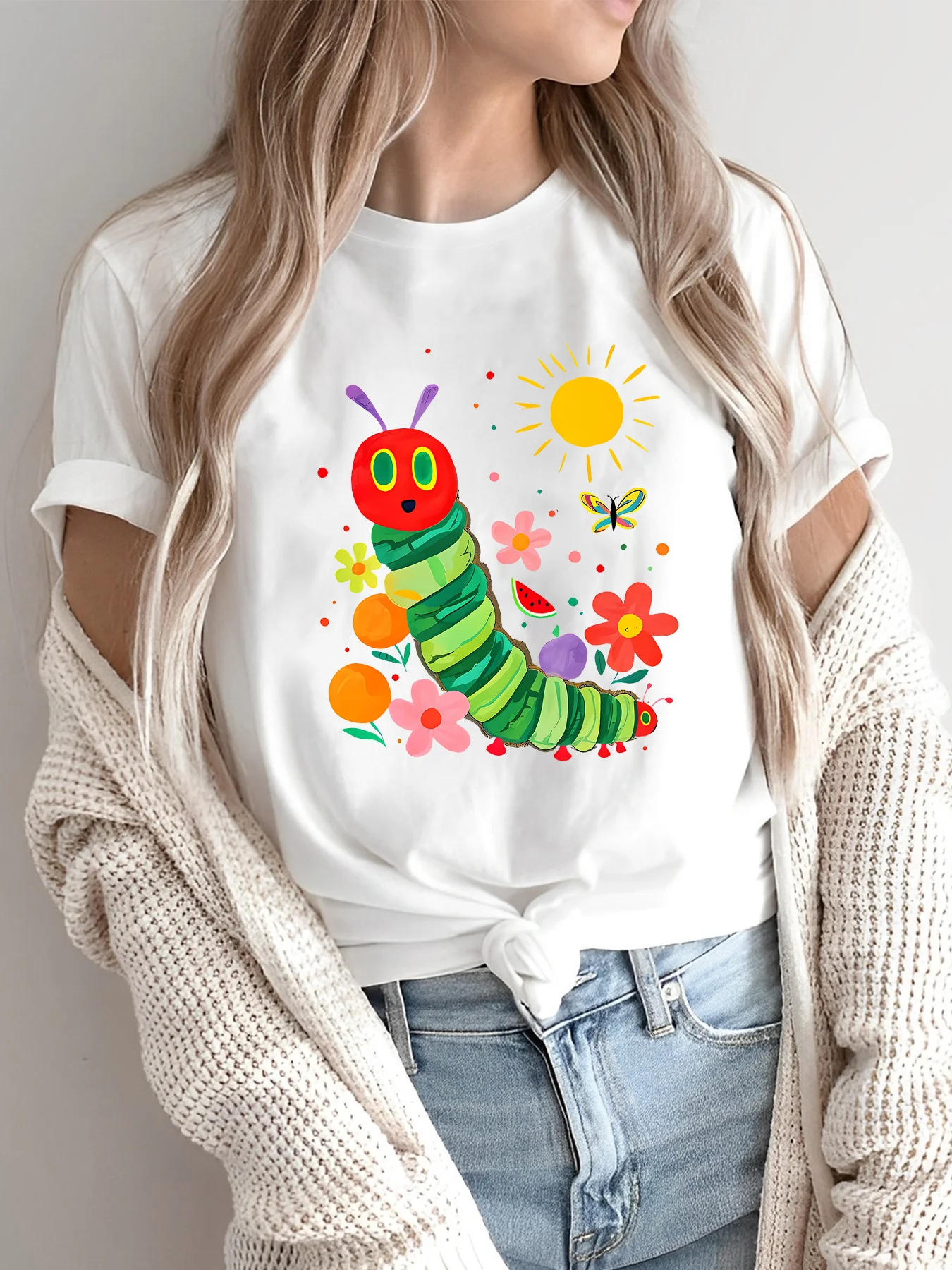Women Crew Neck Tee Colorful Hungry Caterpillar Floral Sun Graphic Print Short Sleeve Loose Ladies Cotton Plus Size Casual Top