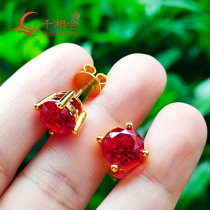 

yellow rose gold 5-9mm Pigeon Blood Red color round shape single lab created ruby stone S925 silverear stud Earing jewelry