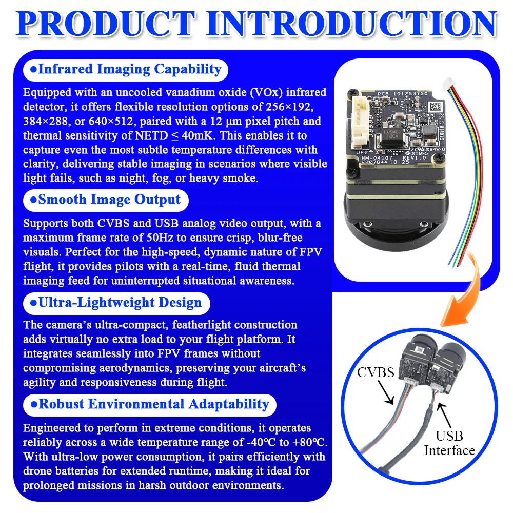 FPV UAV Infrared Thermal Imager Camera Module HD 50FPS Resolution 256*192 384*288 640*512 4MM 9.7MM Lens OEM USB CVBS Interface