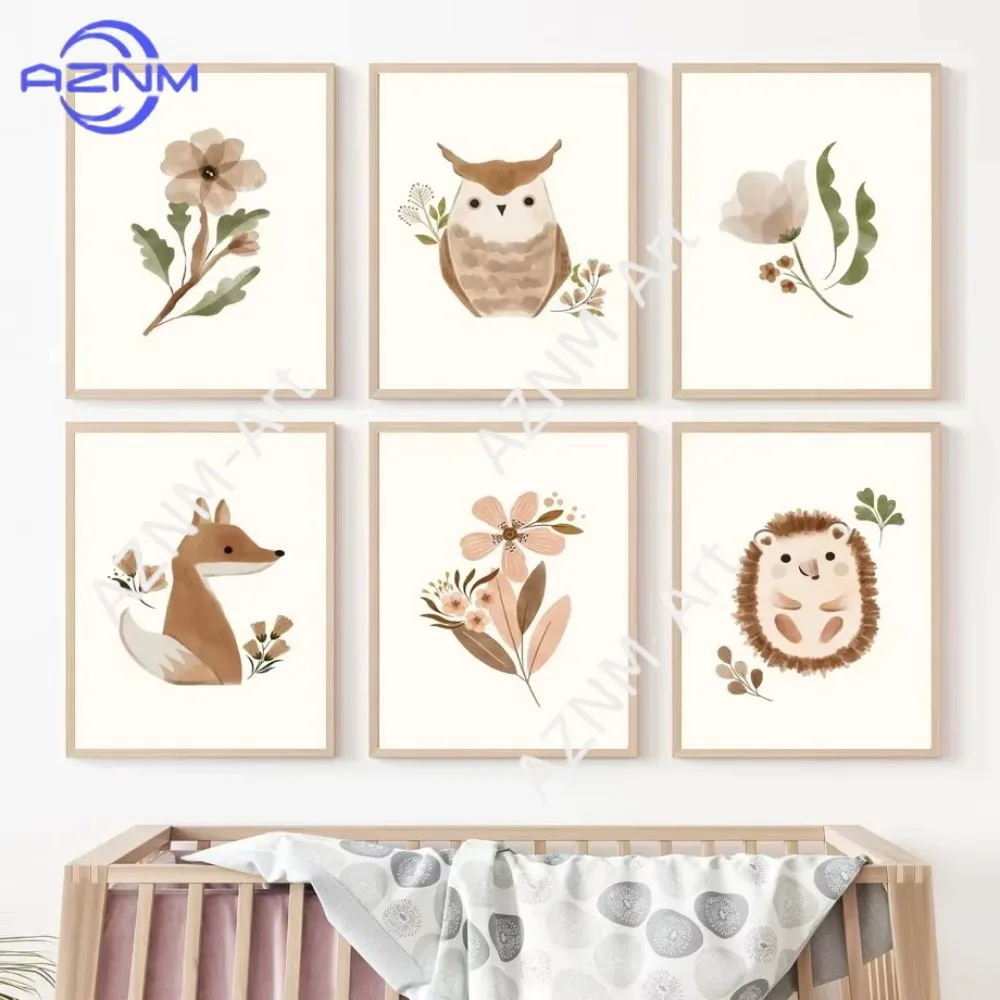 1PC ，Woodland Nursery Wall Art Squirrel Owl Fox Hedgehog Canvas Posters Prints Boho Baby Kids Room Decor Animal Themed Wall