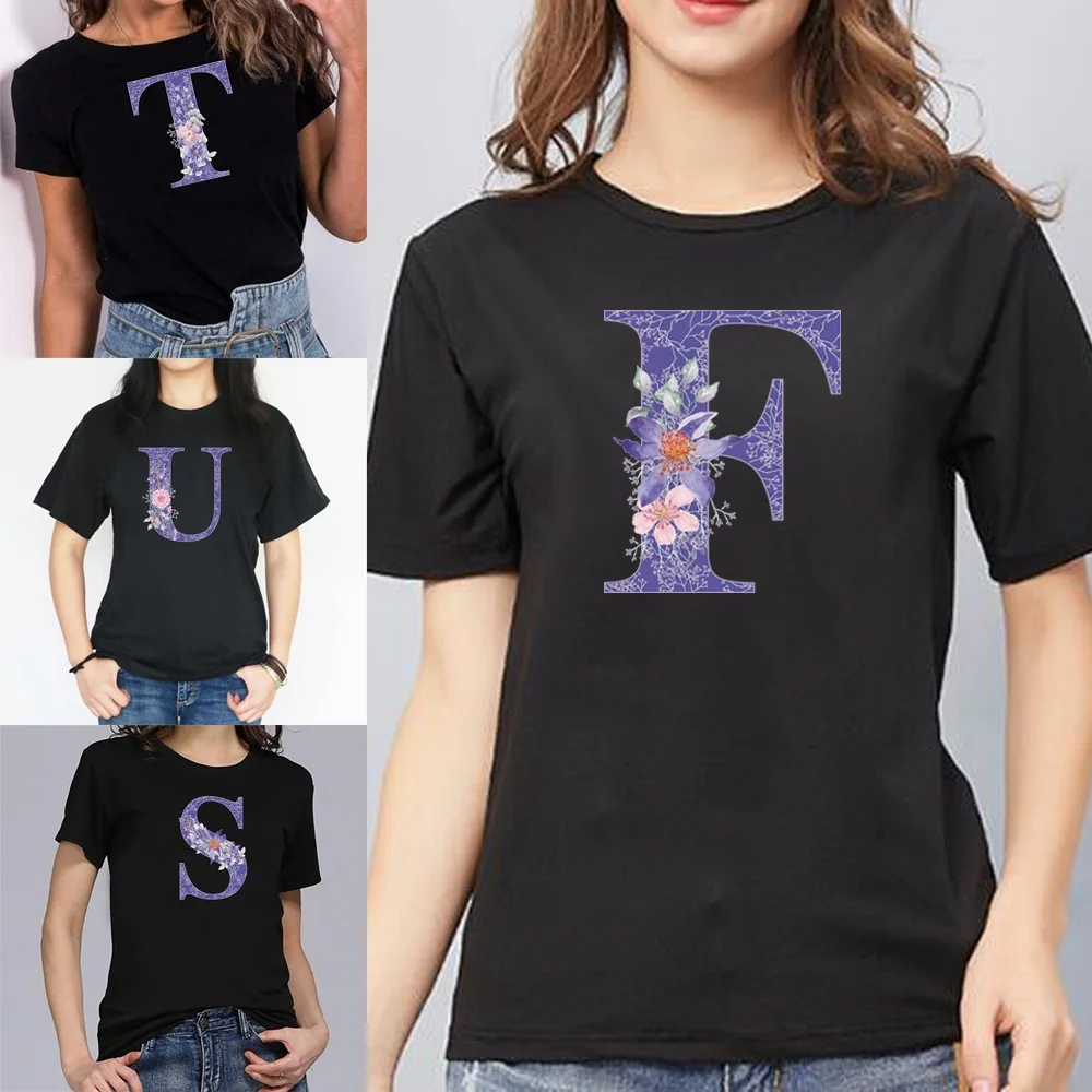 T-shirt Women Harajuku Summer Tee T-shirt 2022 Fashion Black Casual Couple Cartoon Purple Flower Letter  Print Short-sleeved Top