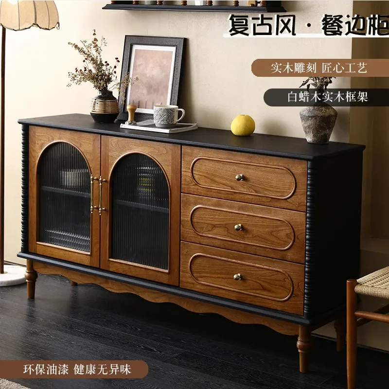 French Retro Solid Wood Sideboard Medium Antique Storage Cabinet Entryway Decorative Console with Color Matching Design