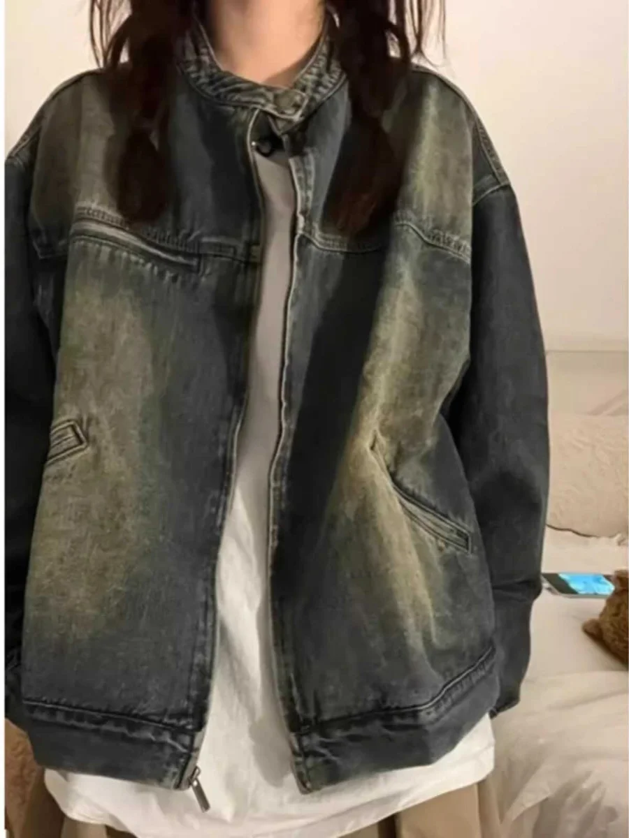 

Женская джинсовая куртка в стиле ретро (гонконгский стиль), свободный крой, американский кэжуал, для весны, осени и зимы, модная верхняя одежда для города