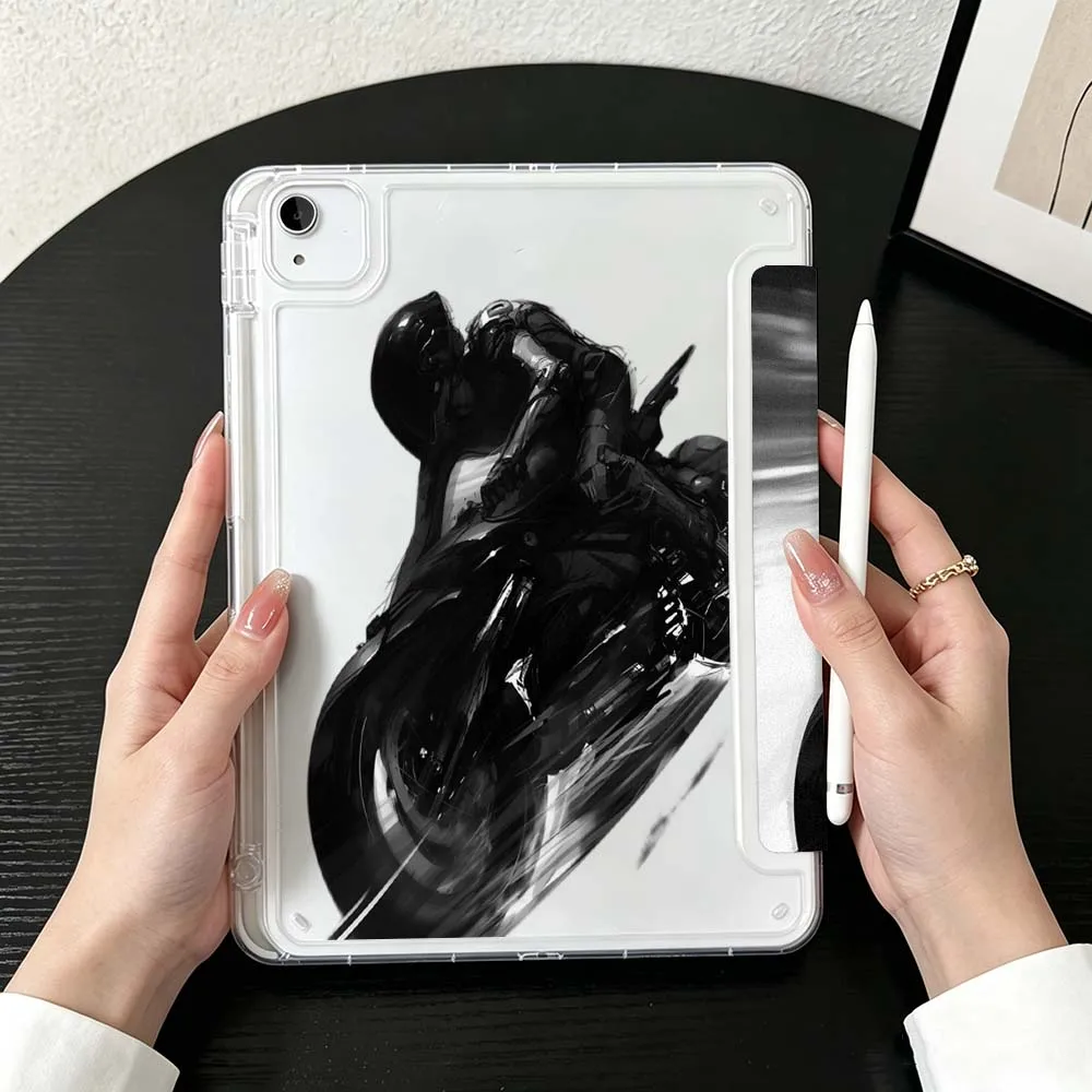 Speeding Motorcycle Rider For iPad Mini Pro Air 5 6 7 8 9 10th 11th 11 9.7 10.9 13 inch Transparent Y-Shaped Folding Tablet Case
