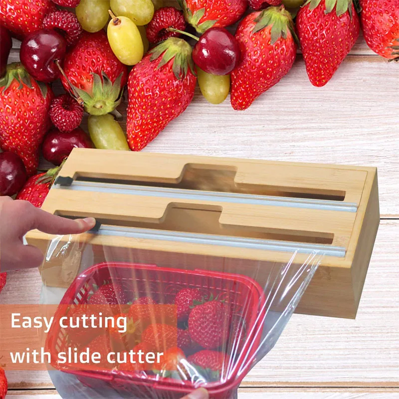 

2/3 Layers Cling Wrap Food Dispenser With Cutter Bamboo Aluminum Foil/Wax Paper Dispensers Storage Box Kitchen Accessories