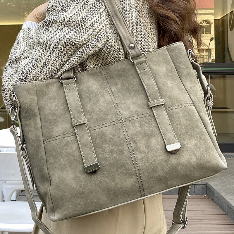 Women Nubuck Leather Handbag Retro Suede Ladies Quilted Large Tote Shoulder Bag Female Gray New Vintage Commuter Crossbody Bags