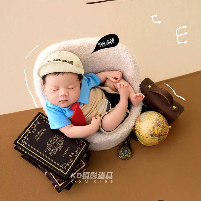 Little Explorer Newborn Photography Costume Boy Gentleman Outfit Hat Necktie Suit Baby Monthly Milestone Shooting Clothing Props
