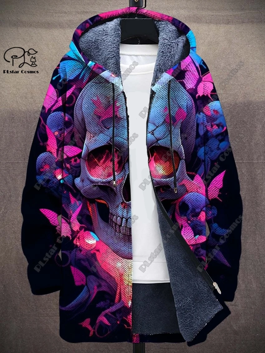 3D printed colorful skull series art printed composite gray velvet hooded zipper jacket winter velvet unisex warm jacket K4