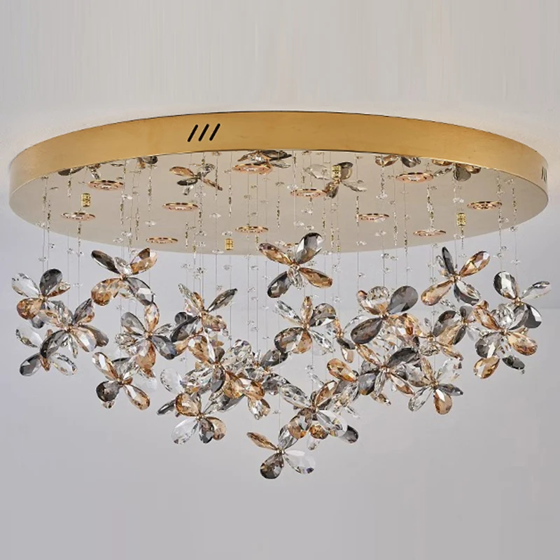 

Round Gold LED Flower Crystal Chandelier for Living Room, Dining Room Indoor ceiling decorative lighting fixtures.