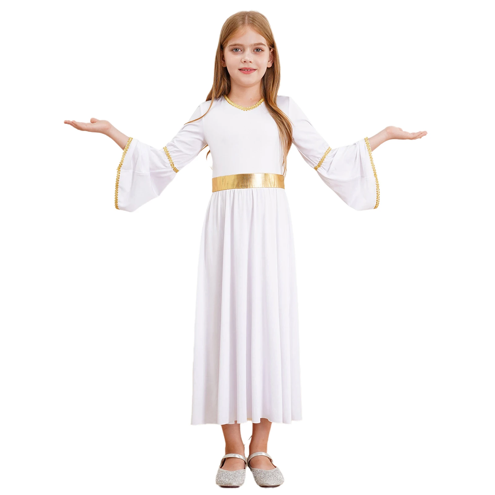 Kids Girls Halloween Angel Cosplay Costume Long Sleeve Gold Trim Patchwork Solid Color Gown Dress Novel Family Matching Outfits