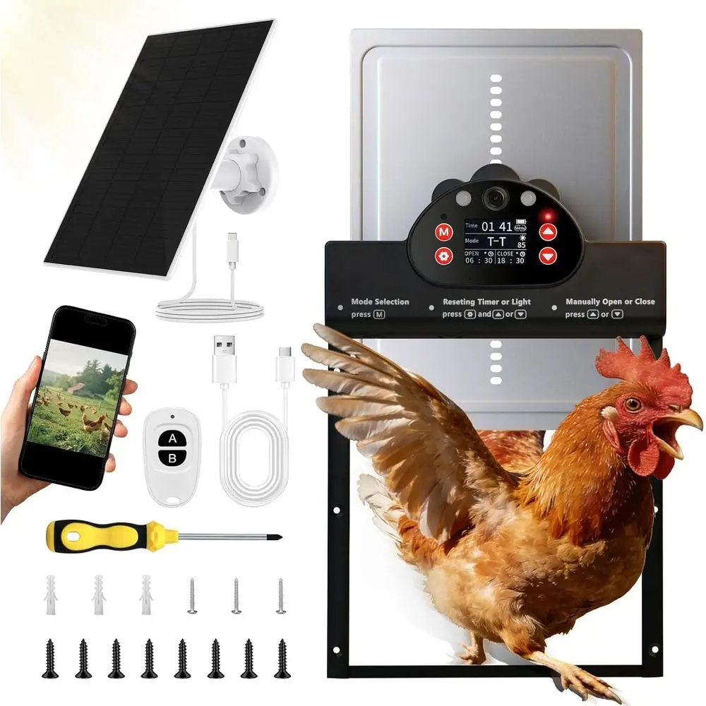 

Automatic Chicken Coop Door with 2K Camera, 10m Night Vision, Alarm, IP65 Waterproof Auto Opener, 6-Month Battery Life, APP Cont