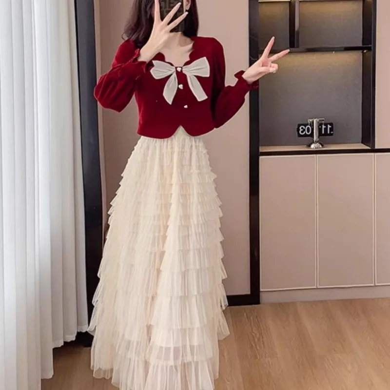 

Women's Autumn Winter Graceful Bowknot Short Slim Coat White Ball Gown Two Piece Suits Lady Korean Red Tops Skirt Outfit 2025