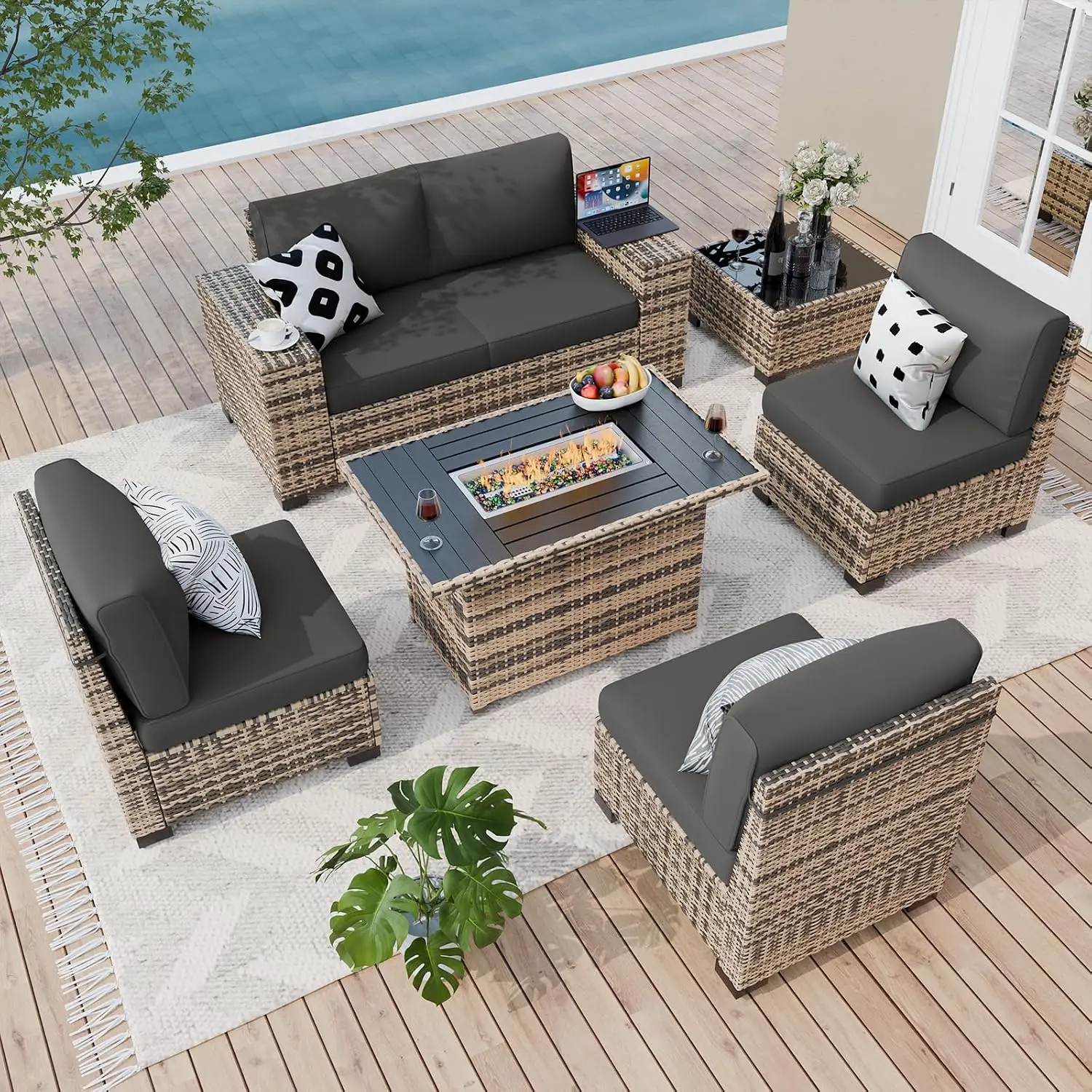 7 Piece Outdoor Wicker Sectional Sofa Set with 8