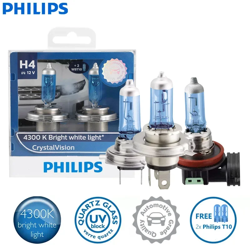 2X Philips H1 H4 H7 H11 HB3 HB4 9005 9006 12V Crystal Vision 4300K Bright White Light Halogen Headlight Car Bulbs with 2X T10