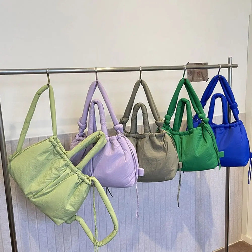 

Solid Color Drawstring Tote Bag Quilted Knotted Strap Nylon Padded Tote Bag Dual-purpose Lightweight Puffer Backpack Travel
